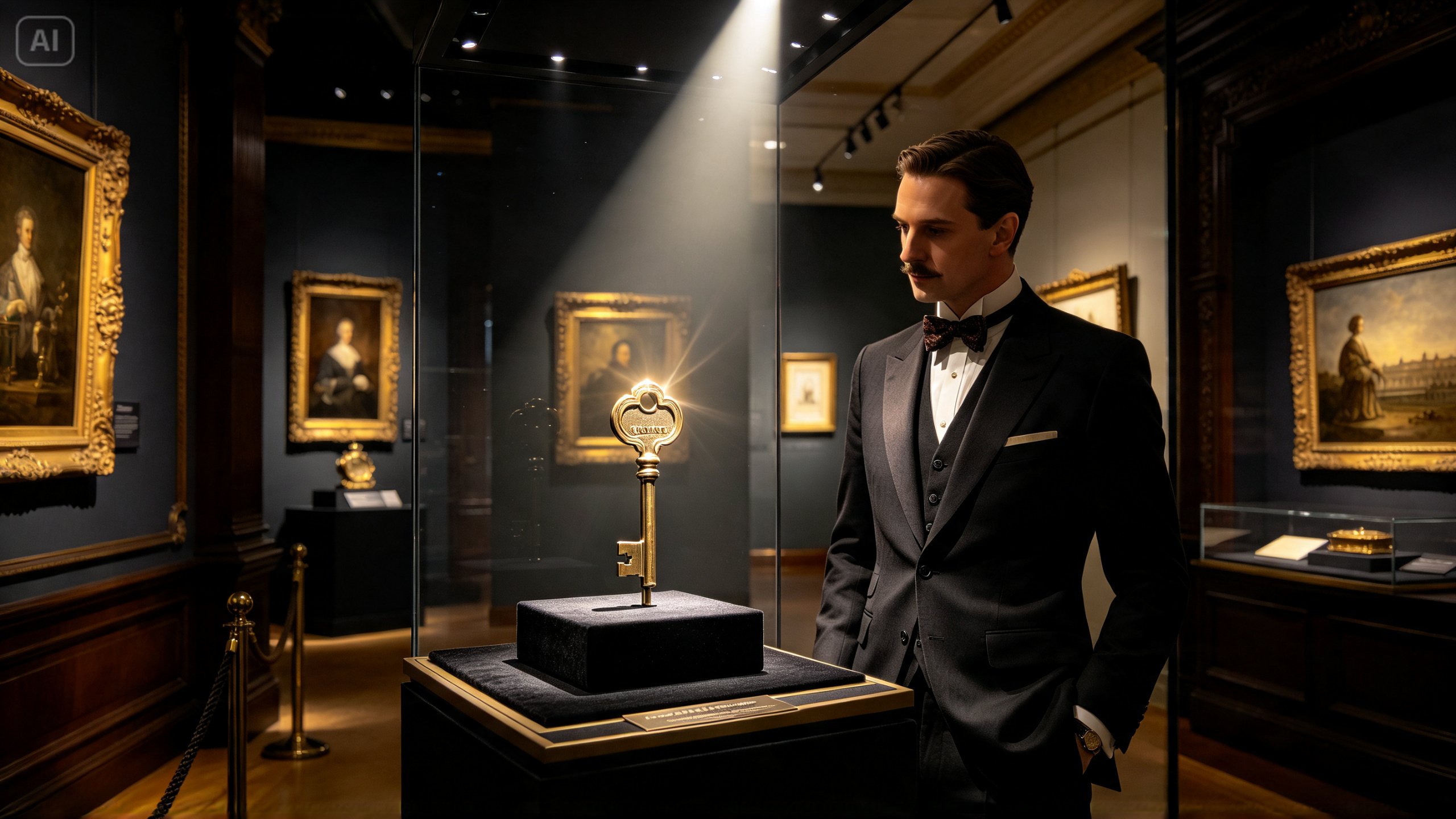 Dramatic museum gallery spotlight lighting an artifact